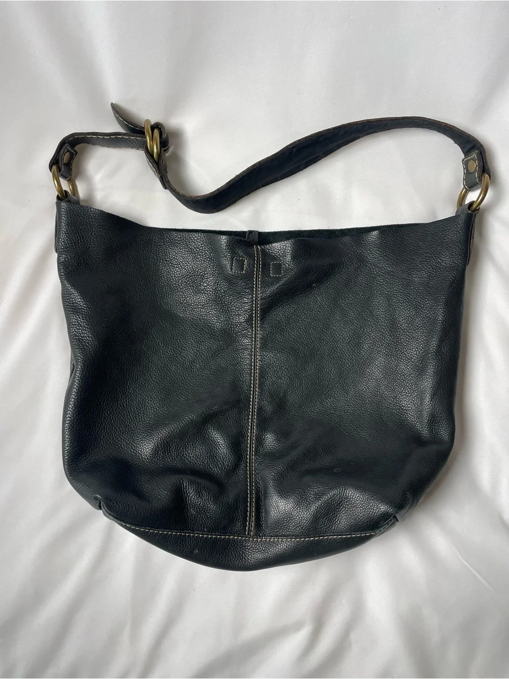 Bag Lucky Brand Black Pebbled Leather Hobo Bag Brass Hardware Boho Chic